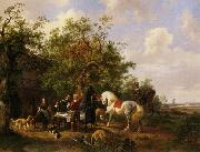 Compagny with horses and dogs at an inn